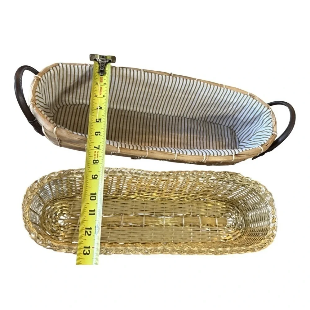 VNTG Woven Bread‎ Basket W/Leather Handles w/ Special Gold Accent Insert 16